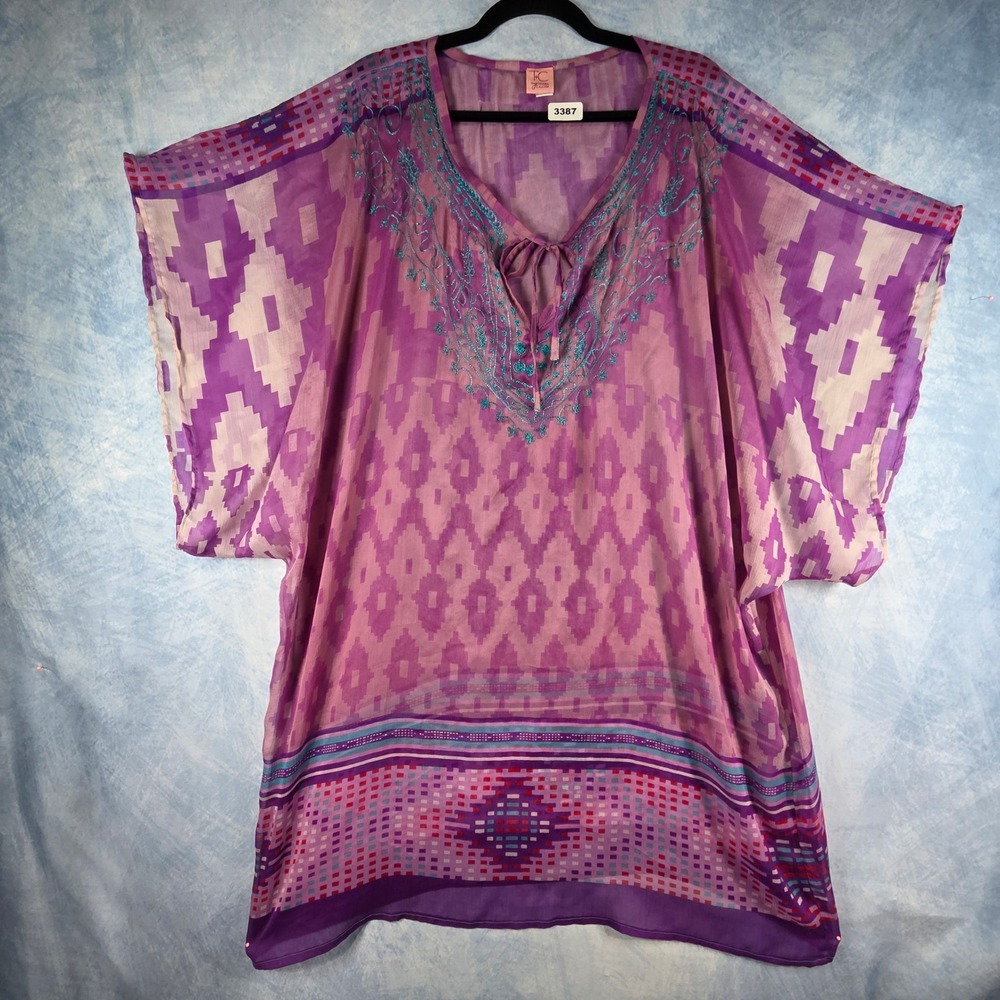 Theodora & Callum Purple Geometric Ikat Embroidered Kaftan Tunic Top One Size